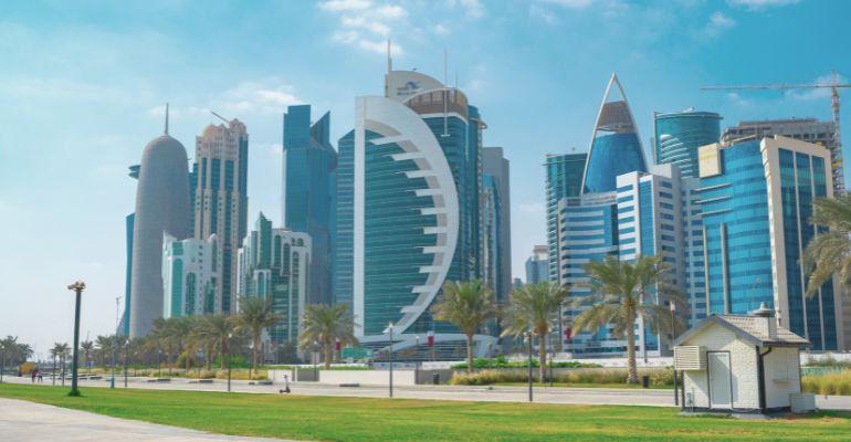 Doha City with many landmark towers, view from the corniche area